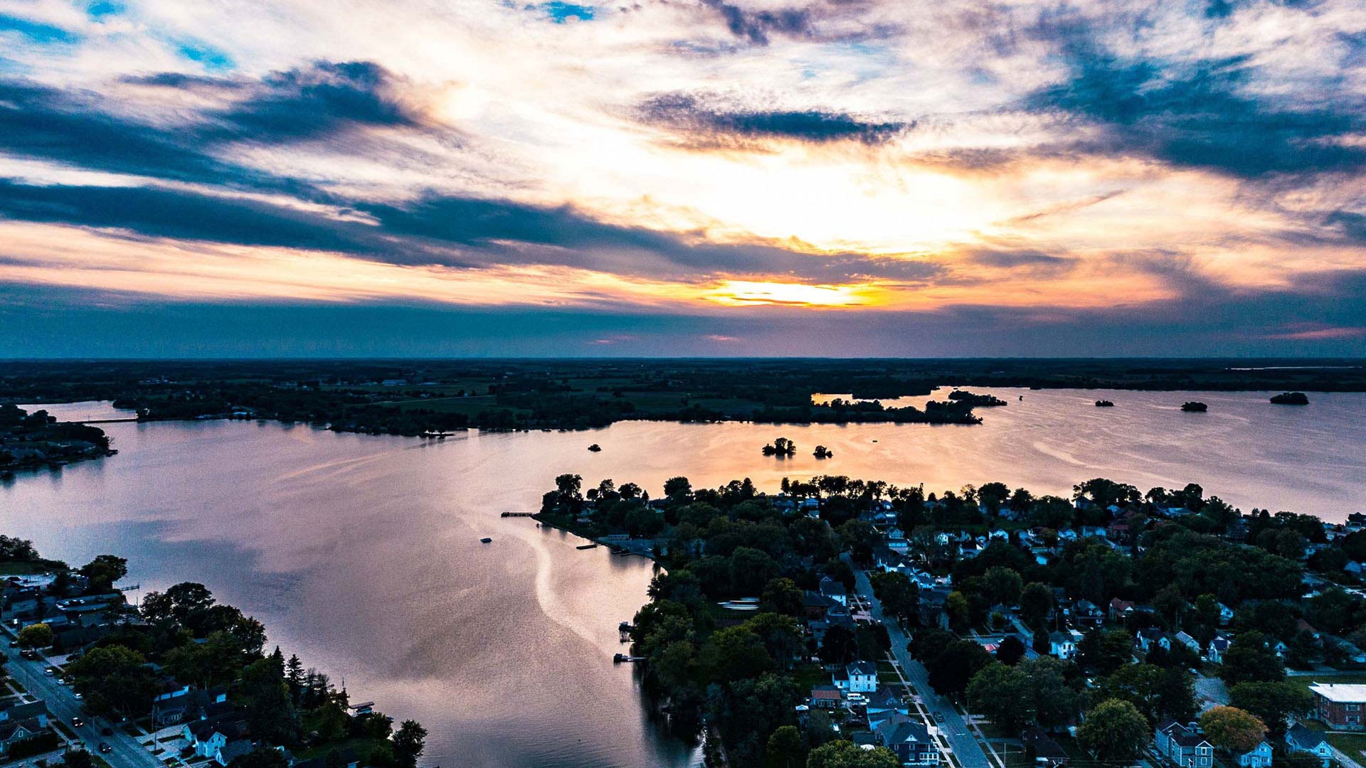 Aerial view of sunset over Beaver Dam Lake in Beaver Dam Wisconsin