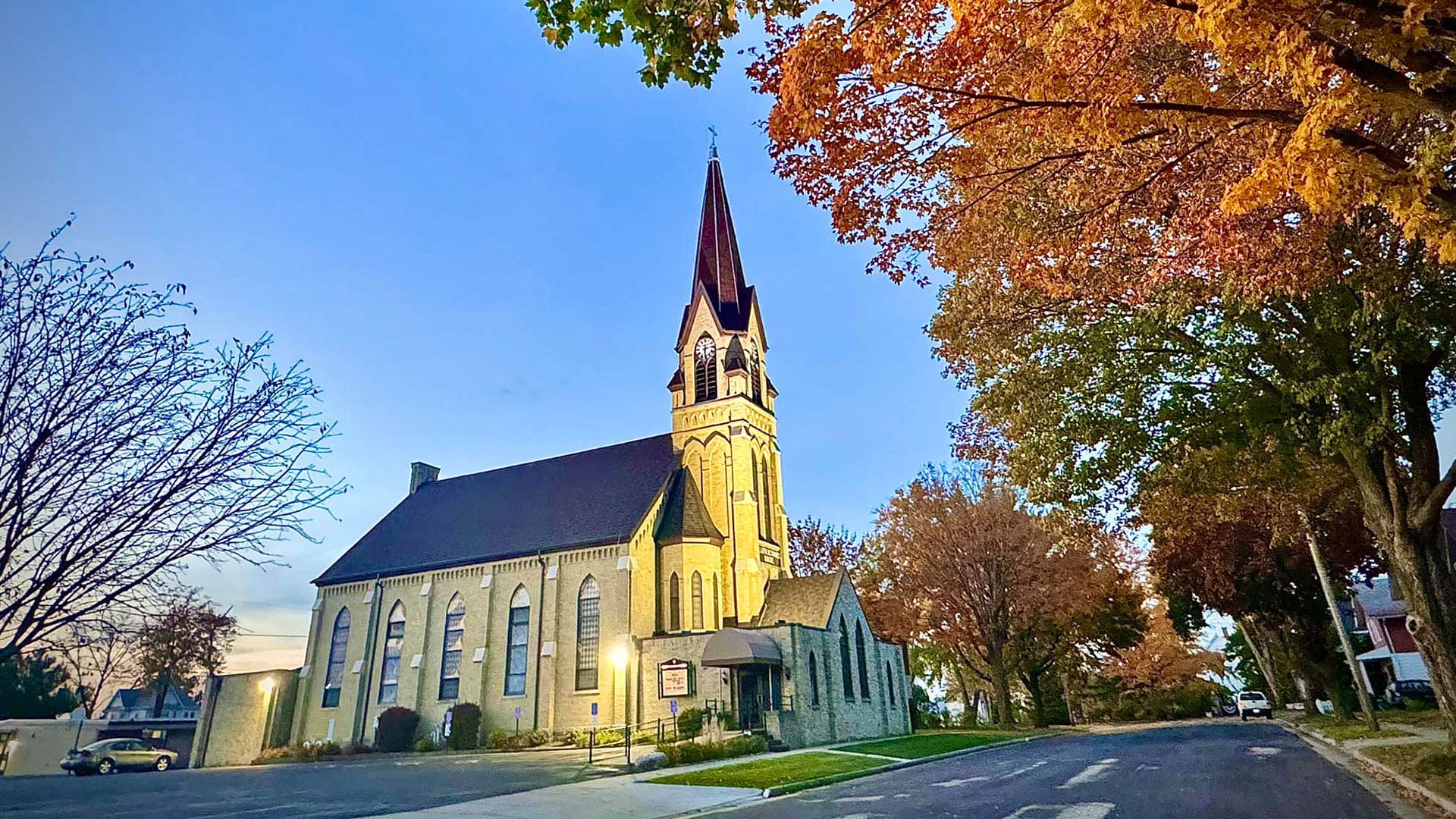Fall trees and Bethany Church in Hustisford Wisconsin