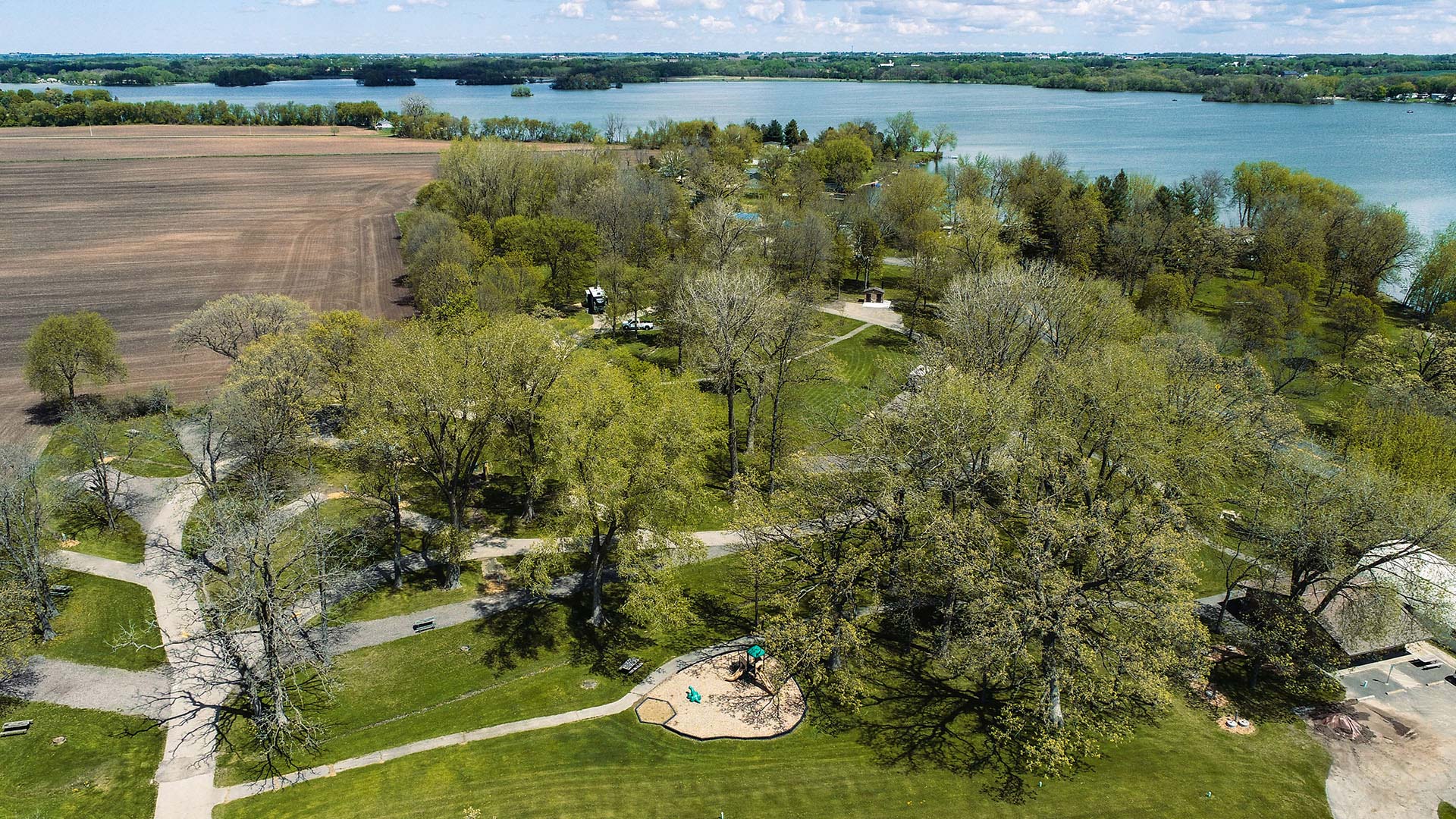 Aerial view of Derge Park and Beaver Dam Lake in Beaver Dam WI