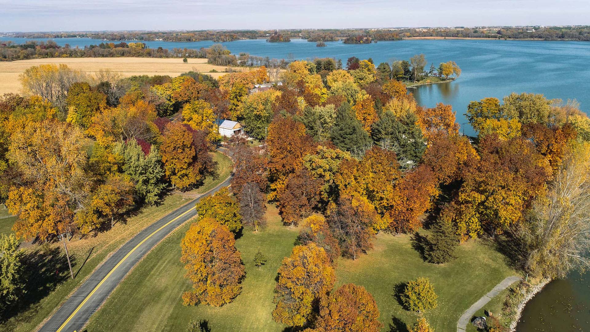 Aerial view of Derge Park and Beaver Dam Lake in fall Beaver Dam WI