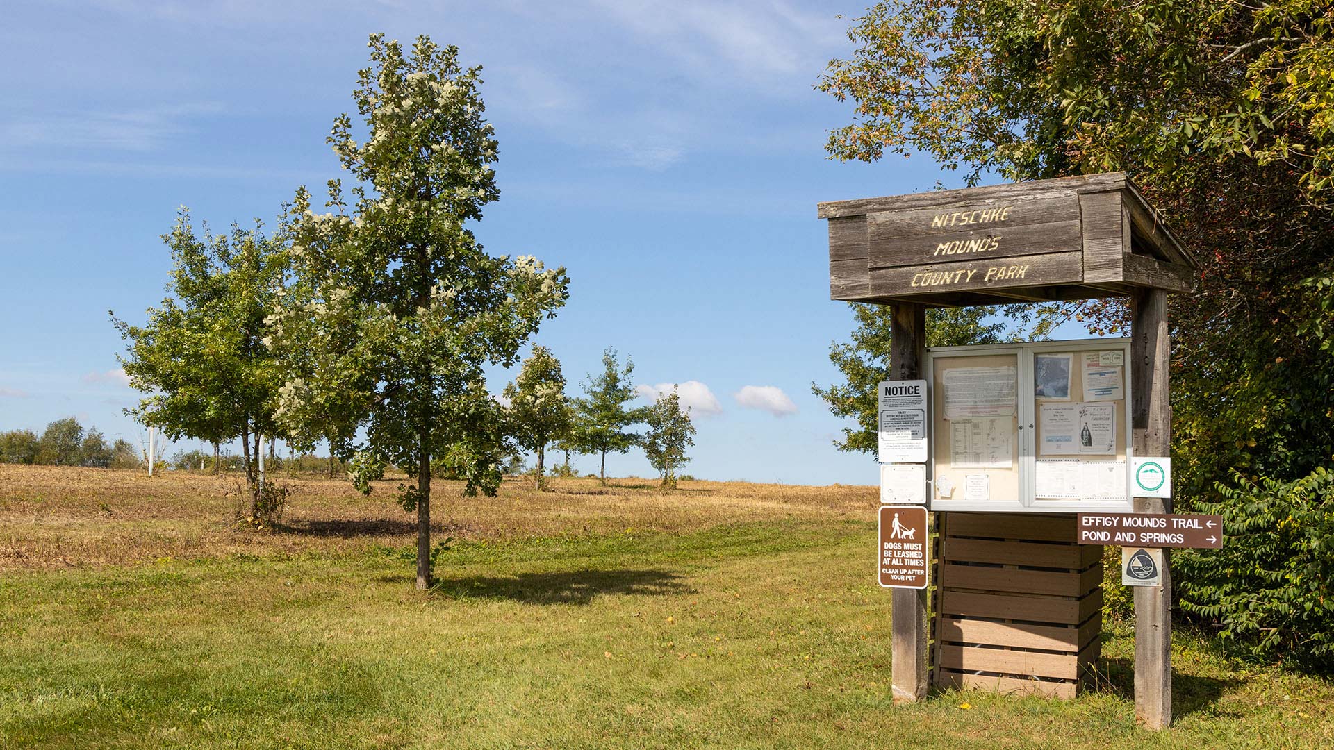 Welcome sign at Nitschke Mounds Park in Dodge County WI