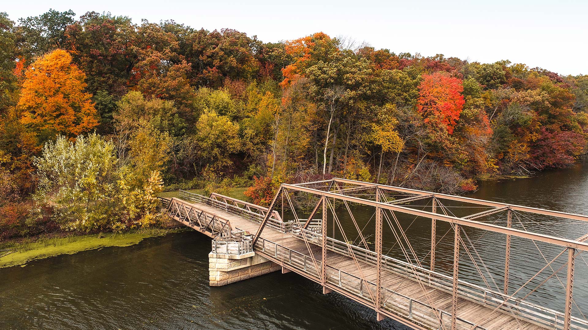 Bird's eye view of a bride leading into Astico Park in Autumn