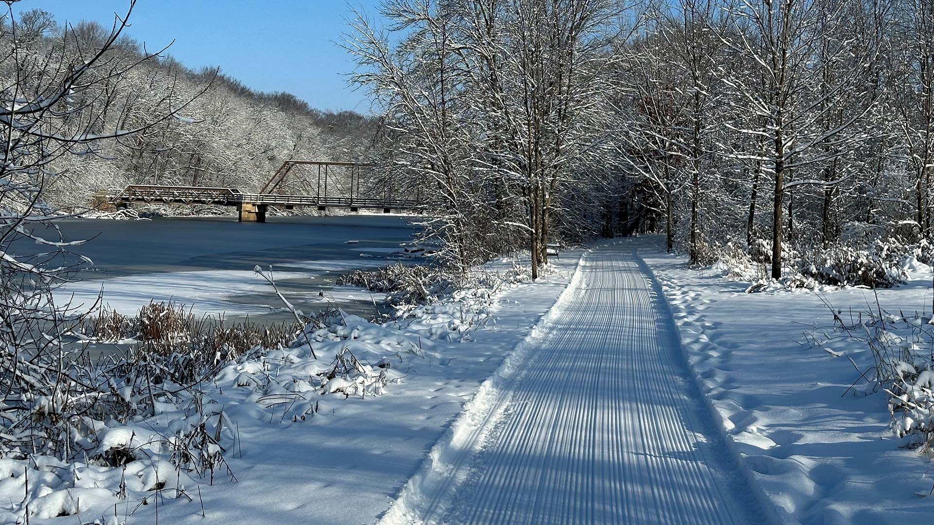 Groomed trail leading into the trees with a bridge going over water in the distance