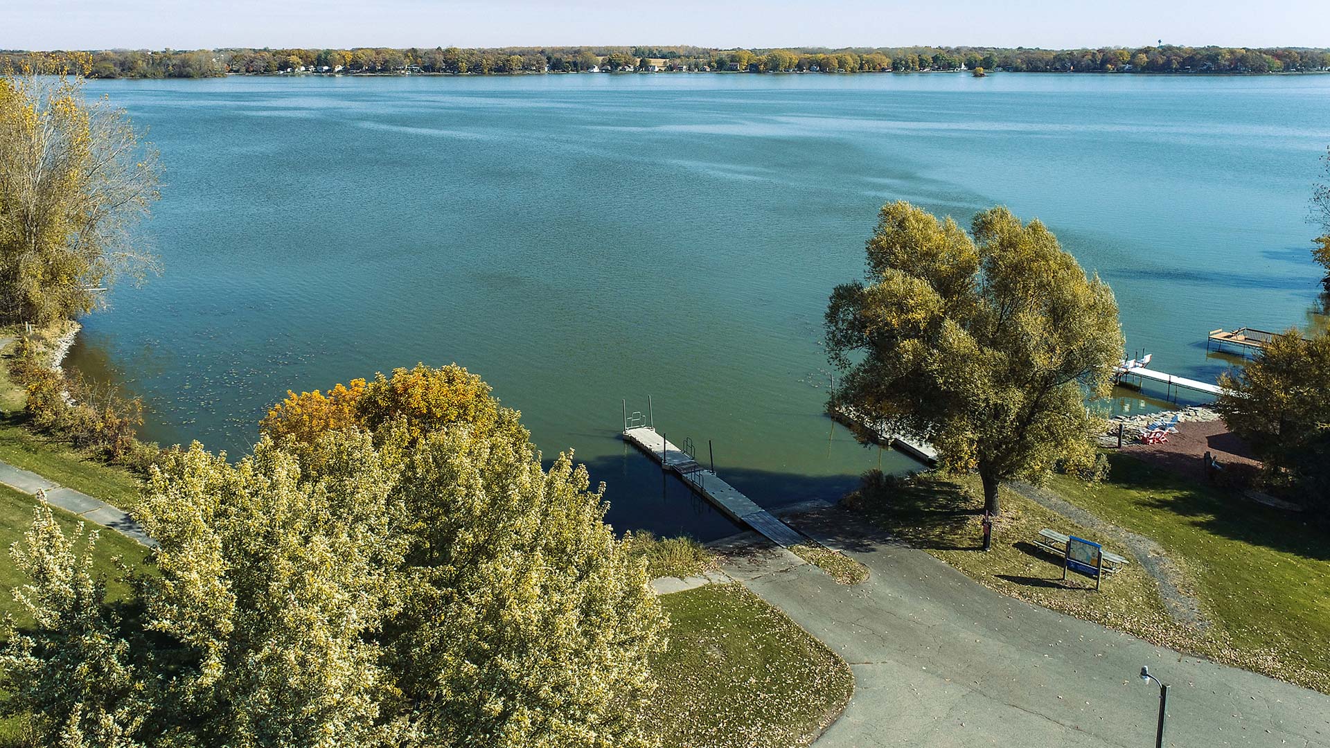 Aerial view of the water in front of Derge Park