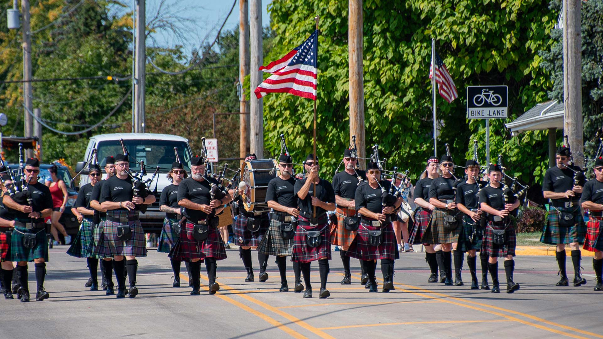 Bagpipers marching at Audubon Days Mayville Wisconsin